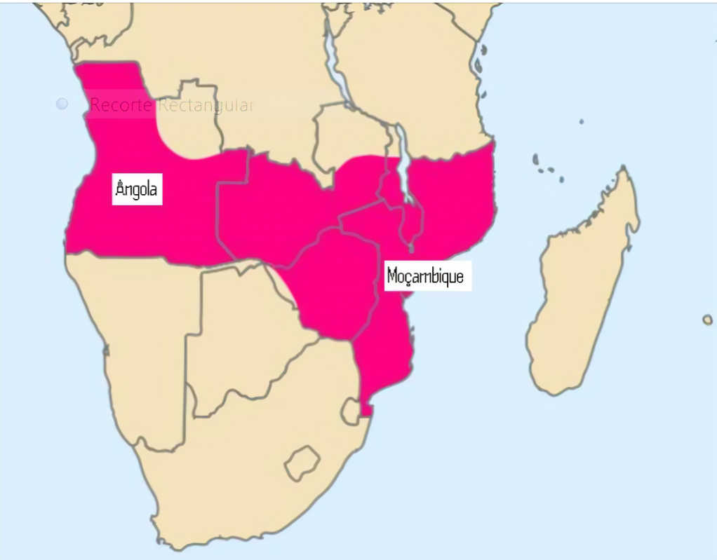 Territórios propostos por D. Carlos na covenção de berlim de 1884-1885 conhecido como "Mapa cor de Rosa" que levou ao ultimato inglês de 1890